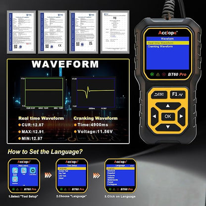 Acclope BT60 Pro Car Battery Tester, Digital Analyzer with Cloud Printing, 100-3000 CCA Range for 6V/12V/24V AGM, Lithium, Gel Batteries, Automotive Charging System