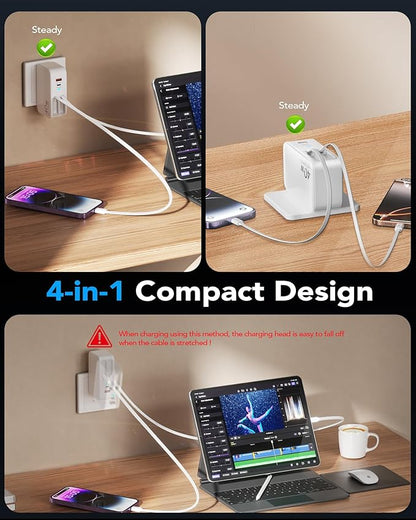 4-in-1 Retractable Gan Wall Charger Plug,Travel Essentials Brick Multiport USB Ports,3ft Lightening and Type C Cables,40W Multi Fast Charging Foldable Block for iPhone 16/15/14/13,iPad,Galaxy,Pixel