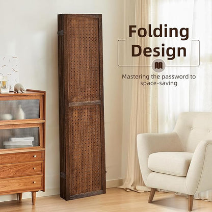 Aleesing 6 Panel Pegboard Display with 24 Hooks,Partition Room dividers, Wooden Room Divider Wall and Folding Privacy Screens, Pegboard Room Divider, Bedroom, Balcony, Dark Brown