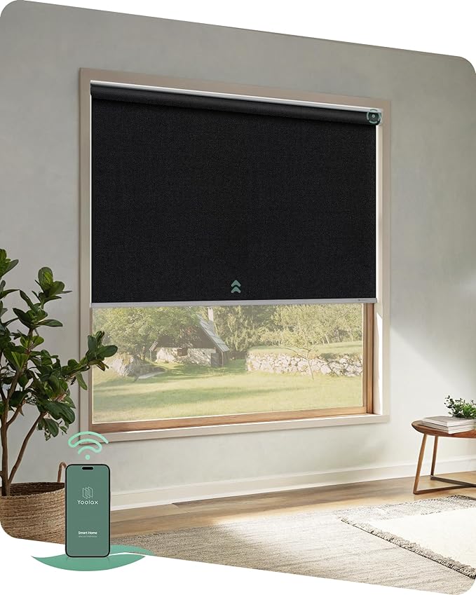 Yoolax Motorized Blinds App Control, Blackout Roller Shades for Windows, Cordless Automatic Shades Roller Window Blinds for Bedroom Living Room Office (Blackout Apex Black, 50" W x 72" H)