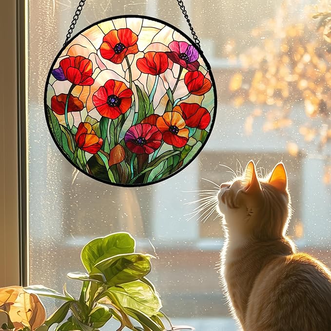 CRISGIF Stained Glass Window Hanging - Poppy Birth Flowers Suncatcher for Door Garden Yard Wildflowers Sun Catchers Decor Christmas Mother's Day Birthday Gifts for Women Mom Nana Friend 15 in