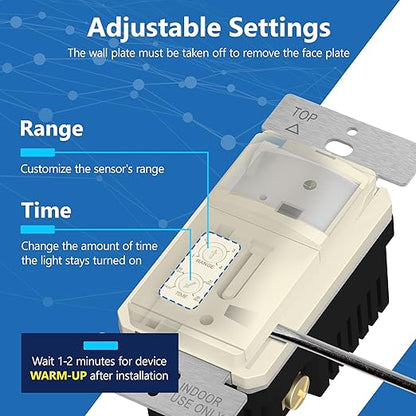 LIDER Motion Sensor Switch with Wall Plate, PIR Sensor Light Switch, Occupancy & Vacancy Modes, No Neutral Wire Required, 120V, 60Hz, 150W LED/CFL, Single Pole, LPS-1P-LAWP2P, Light Almond, 2 Pack
