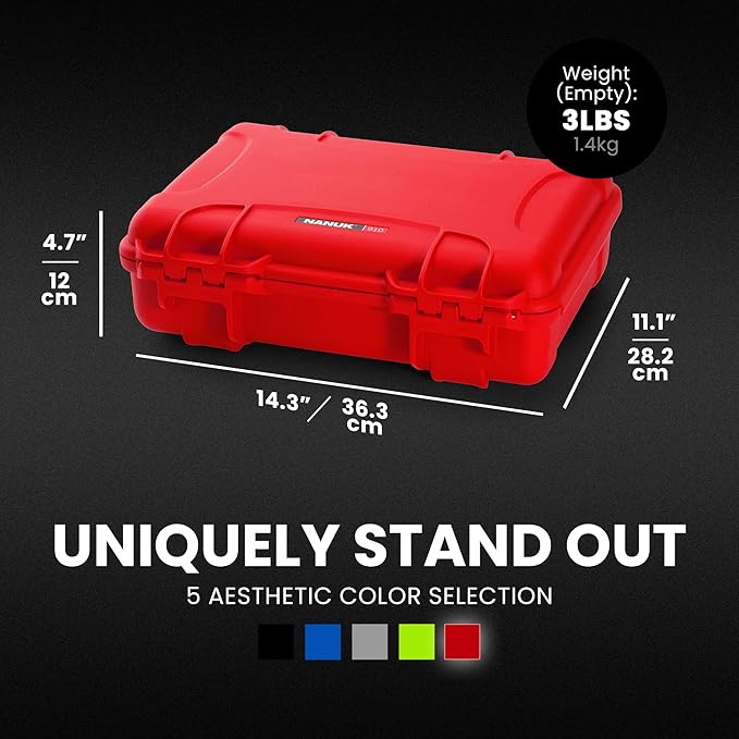 NANUK 910 Hard Case with Customizable Cubed Foam, IP67 Waterproof, Dustproof and Impact Resistant, 14.3” x 11.1” x 4.7”, Rugged Construction for Ultimate Protection, Made in Canada – Red