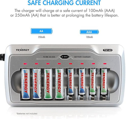 Tenergy TN145 8 Bay Charger and 8 Pack Rechargeable AAA Batteries, Independent Charging, UL & CE Certified