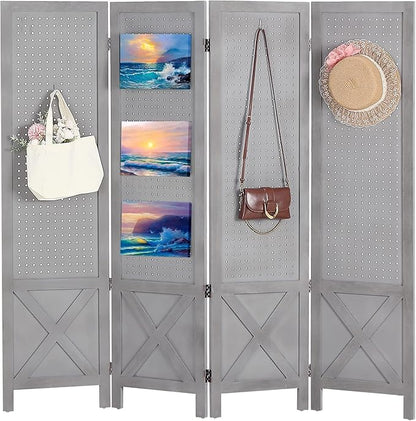 Wnutrees 4 Panel Pegboard Display, 5 Ft Wood Folding Privacy Screens Room Divider, Portable Freestanding Display Board for Craft/Art Shows, Retail, Events, Wall Organizer, Rustic Barnwood, Grey