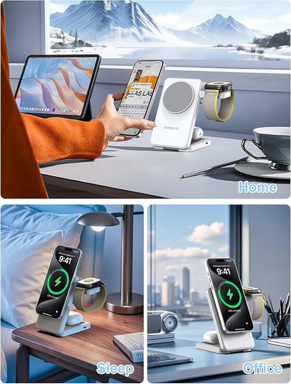 2025 Upgraded Wireless Charger for Apple: 3 in 1 Charging Station Foldable Fast for Apple iPhone 16/15/14/13/12 Max Plus Series - Portable Travel Charger for Apple Watch/Airpods Pro (White)
