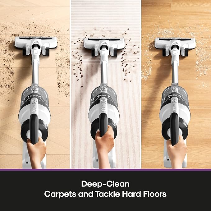 Eureka Cordless Vacuum Cleaner, Anti-Tangle Brushroll, Rechargeable Stick Vacuum, Lightweight for Carpet, Hard Floor, Pet Hair, White NEC280WH