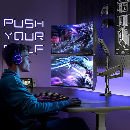 ARES WING Dual Monitor Arm Desk Mount for 17-49 Inch Ultrawide Monitors, Heavy Duty Dual Monitor Mount Holds 44 lbs, Full Motion Gas Spring Vertical Stacked Monitor Mount, 75/100 VESA Mount, Black
