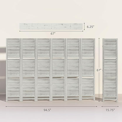 HOMCOM Room Divider, 6 Panel 67" Tall Wood Privacy Screen with 3 Display Shelves, and Folding Storage for Bedroom or Home Office, Distressed White