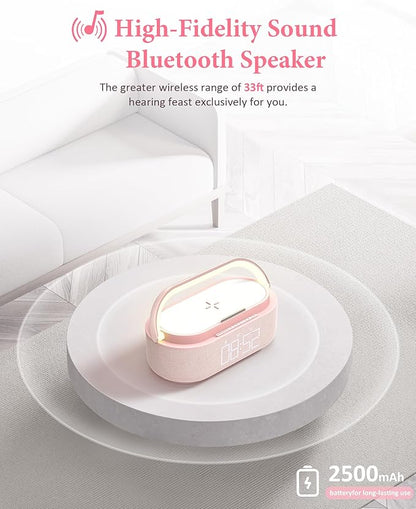 COLSUR Bluetooth Speaker Alarm Clock with Wireless Charger, FM Radio, Adjustable LED Night Light, 6 in 1 Bedroom Portable Speaker 2500mAh, Phone Stand for Bedside, Home, Office, Gift (Pink)