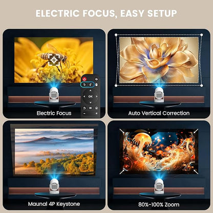 【Electric Focus】Mini Projector, Projector 4K 1080P Support, 260 ANSI Lumens Projector with Wifi and Bluetooth, Upgrade Smart Proyector, 5w Speaker, Auto Keystone Correction 35"-130" Screen HY300 Plus