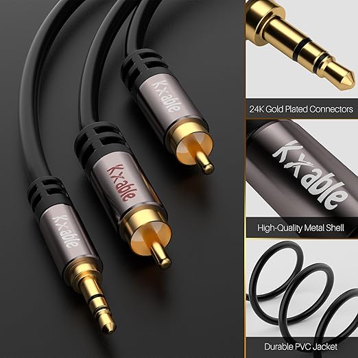 3.5mm to RCA Cable 15FT, 2 Male RCA to Aux Stereo Audio Adapter, Hi-Fi Sound Auxiliary Y Splitter Cord, Shielded 1/8 to 2RCA Cable for Headphone, MP3, Tablet, Speaker, HDTV, Phone and More
