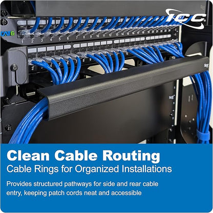 ICC 1U Ring Cable Manager Panel with Cover, Plastic with Metal Back Frame, 4" D-Rings, Horizontal Cable Management, Rackmount for 19” Network Racks, Black, Single Pack
