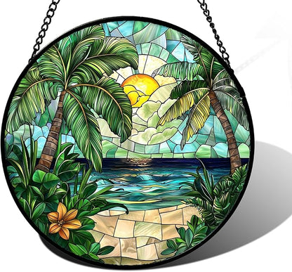 DASTOLL Stained Glass Window Hanging, Green Beach Scenery Suncatcher Diamond Glass Panel Hangings Sun Catchers Decor for Birthday for Women, Men, Wife, Aunt, and Mom 9.8 in