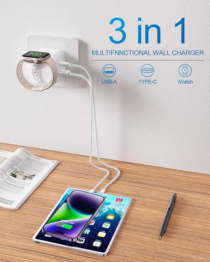 36W for Apple Charging Block with Built-in Watch Charger, Foldable PD Fast Charger Block for iPhone, Dual Ports Wall Charger Compatible with Apple Watch iPhone AirPods (White)