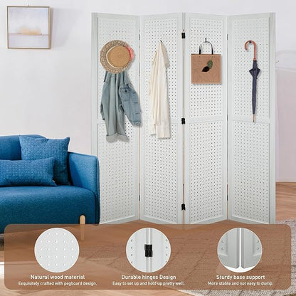 ECOMEX 4 Panel Room Divider, 5.6Ft Pegboard Display Wooden Room Divider Folding Privacy Screen Room Divider Freestanding Peg Board Display for Trade Show Craft Show Home Wall Organizer, Elegant White