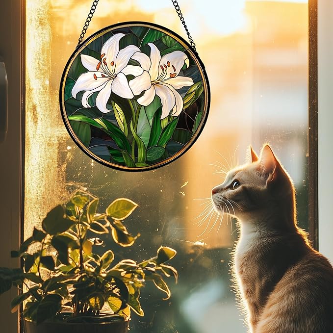 CRISGIF Stained Glass Window Hanging, White Lily Suncatcher for Door Garden Patio Birth Flower Green Plant Sun Catchers Decor Christmas Mother's Day Birthday Gifts for Women Mom Nana Friend 6.3 in