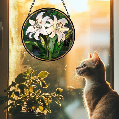 CRISGIF Stained Glass Window Hanging, White Lily Suncatcher for Door Garden Patio Birth Flower Green Plant Sun Catchers Decor Christmas Mother's Day Birthday Gifts for Women Mom Nana Friend 6.3 in
