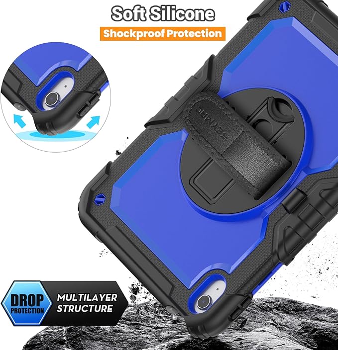 SEYMAC Case for iPad (A16) 11th/10th Generation 2025/2022 (11″/10.9″), Heavy Duty Full-Body Shockproof Protective Case with Screen Protector, Rotating Stand, Hand/Shoulder Strap, Black/Dark Blue