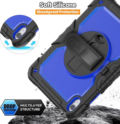 SEYMAC Case for iPad (A16) 11th/10th Generation 2025/2022 (11″/10.9″), Heavy Duty Full-Body Shockproof Protective Case with Screen Protector, Rotating Stand, Hand/Shoulder Strap, Black/Dark Blue