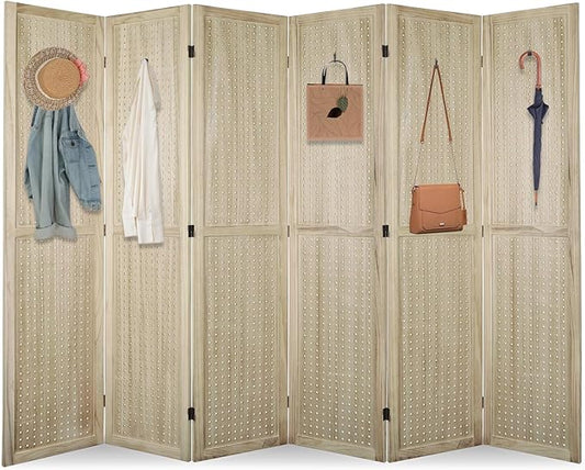 ECOMEX 6 Panel Room Divider, 5.6Ft Pegboard Display Wooden Folding Privacy Screen Freestanding Peg Board for Trade Show Craft Show Home Wall Organizer, Natural Wood