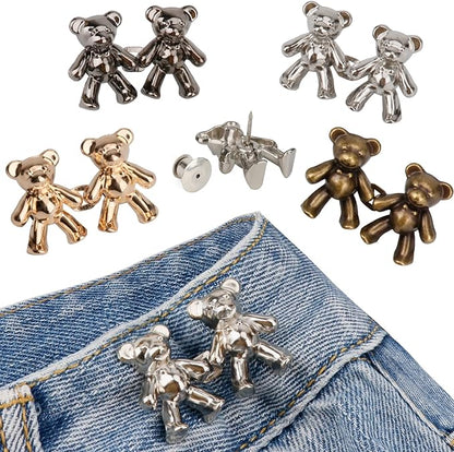 TOOVREN Cute Bear Button Pins for Jeans, No Sew and No Tools Instant Pant Waist Tightener, Adjustable Jean Buttons Pins for Loose Jeans 4 Sets Replacement Pant Clips for Waist Buckle