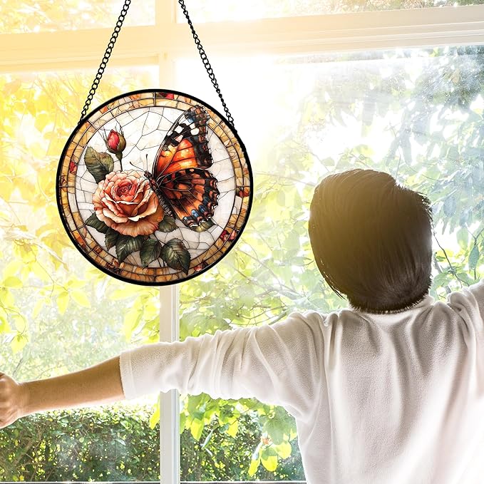 DASTOLL Stained Glass Window Hanging, Butterfly Picking Flowers Suncatcher for Doors Home Sun Catchers Decoration and Christmas, Mother's Day Birthday Gifts for Women, Men, and Mom 7.8 in