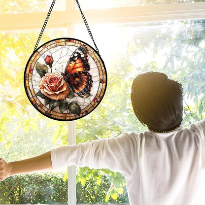 DASTOLL Stained Glass Window Hanging, Butterfly Picking Flowers Suncatcher for Doors Home Sun Catchers Decoration and Christmas, Mother's Day Birthday Gifts for Women, Men, and Mom 7.8 in