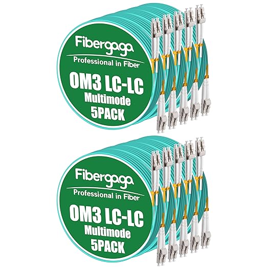 Fibergaga 10Pack-5M(16ft) OM3 LC to LC Fiber Patch Cable, Multimode Fiber Cable 50/125µm 10G/40G, OD-2.0mm Fiber Optic Cable Duplex LC to LC
