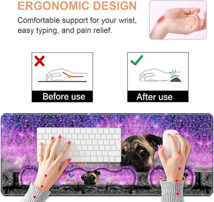 Ergonomic Keyboard Wrist Rest & Mouse Pad Wrist Rest Set, Large XXL Gaming Desk Mat 31.5"x 11.8" with Non-Slip Base, Memory Foam, Easy Typing Pain Relief for Home & Office, Cute Pug and Butterfly