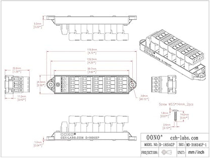 16Amp 300V 4x6 Position Pluggable Terminal Block Distribution Module. OONO D-1654GP