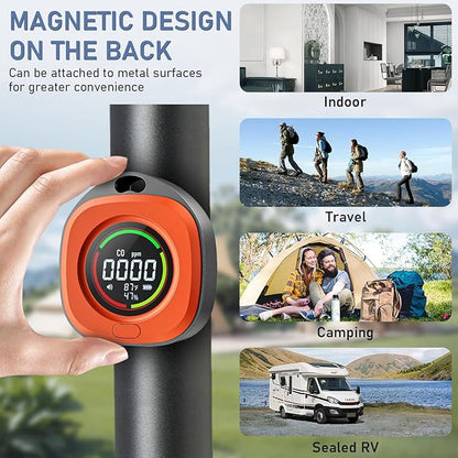 Portable Carbon Monoxide Detectors for Travel 3-in-1 Square Carbon Monoxide Monitor with 43 Detection Holes, RV CO Detector Alarm Temp/Humidity Sensor for Home, Camping & Travel Tent Car