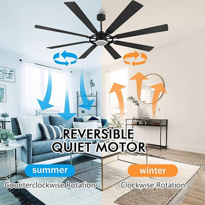 ELEHINSER 80 Inch Ceiling Fan with Lights and 3 Downrods, 8 Plywood Blades, 6-Speed Noiseless Reversible DC Motor, 3CCT, Windmill Ceiling fan for Kitchen Bedroom Living Room, Matte Black