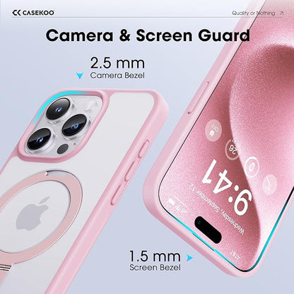 CASEKOO Designed for iPhone 15 Pro Case with Magnetic Invisible Stand [Military Drop Protection] [Compatible with MagSafe] Shockproof Slim Translucent Matte Pro Case 6.1 Inch, Pink