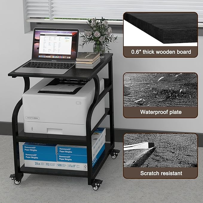 Natwind Large Printer Stand,24''x20''x29''Printer Table with Adjustable Storage Shelf,3 Tier Rolling Printer Cart with Wheels,Home Office Multifunctional Shelves for Heat Press (Black)