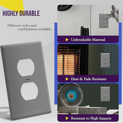 ENERLITES Duplex Receptacle Outlet Wall Plate, Electrical Outlet Cover, Gloss Finish, Mid-Size 1-Gang 4.88" x 3.11", Unbreakable Polycarbonate Thermoplastic, UL Listed, 8821M-GY, Gray