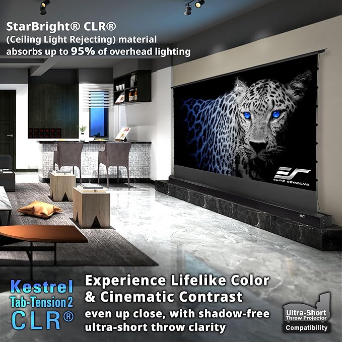 Elite Screens Kestrel Tab-Tension CLR, 121 inch 16:9, Ultra-Short Throw Ceiling Ambient Light Rejecting ALR Electric UST Floor-Rising Projection Motorized Front Projector Screen, FTE121UH3-CLR, Black