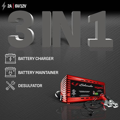 Schumacher Electric 2A Car Battery Charger and Maintainer, 3-in-1 Solution, for 6V/12V Power Sport, Automotive, and Marine Batteries, SP1296
