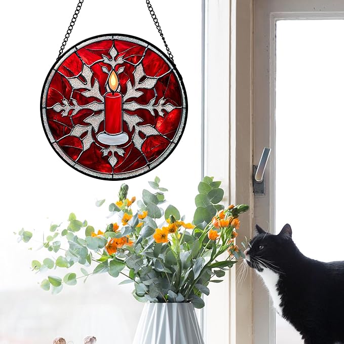 DASTOLL Stained Glass Window Hanging 4 Pcs Set Red Christmas Decorations Theme 7.8" - Suncatcher Door Garden Sun Catcher Decor Birthday for Mom Woman Nana Men Friend Wife