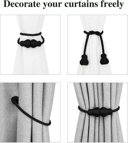 Nieffeiy Magnetic Curtain Tiebacks Outdoor Curtain Tie Backs Rope Decorative Magnetic Curtain Holders for Drapes Window Treatment Holdbacks, Black 6Pack