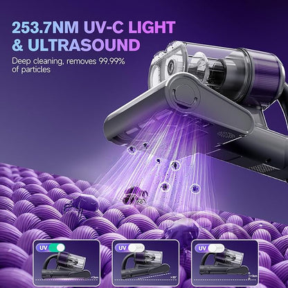 Mxnsewr Mattress Vacuum Cleaner, Ultrasonic Bed Vacuum Cleaner with 18Kpa Strong Suction, 150°F Heat & 253.7nm UV-C Light, Intelligent Dual Cup, One-Click Dust Removal for Bed, Sofa, Pet Hair, Grey