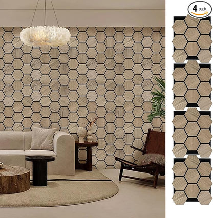 ARMURO Wall Paneling for Interior Wall - 4 PCS Hexagon Wall Panels - Hexagon Acoustic Panels - Natural Walnut Wood Veneer Sound Proof Panels for Walls, Wood Slat Wall Panel 23.8" W x 29" L
