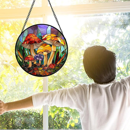 DASTOLL Stained Glass Window Hanging, Jungle Mushrooms Sun Catchers Diamond Glass Panel Hangings Plant Suncatcher Decor for Birthday for Women, Men, Wife, Aunt, and Mom 11.8x11.8 in