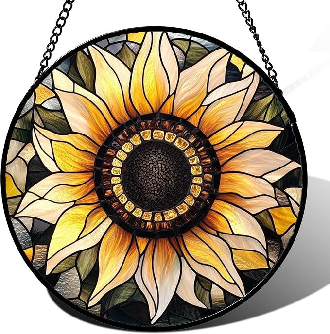 CRISGIF Stained Glass Window Hanging - Sunflower Suncatcher for Door Garden Patio Retro Flower Sun Catchers Decor Christmas Mother's Day Birthday Gifts for Women Mom Nana Friend Wife 15 in