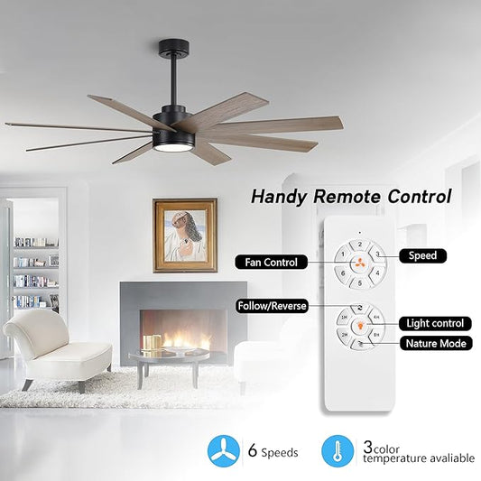 WINGBO 60" Large DC Ceiling Fans with Lights and Remote, 3 Downrods, 8 Plywood Blades, 6-Speeds Reversible DC Motor, 3CCT, Indoor Ceiling Fan for Bedroom Living Room Patio, Black and Gray
