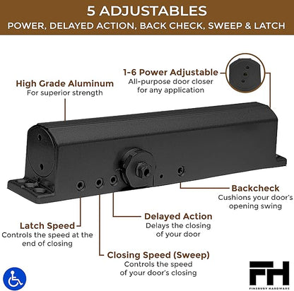 Finsbury Commercial Black Door Closer Automatic Heavy Duty High Traffic Adjustable ANSI/BHMA Grade 1 Standard, UL Listed ADA Compliant Hydraulic Backcheck Delayed Action Latch Speed 1-6 Power (Black)