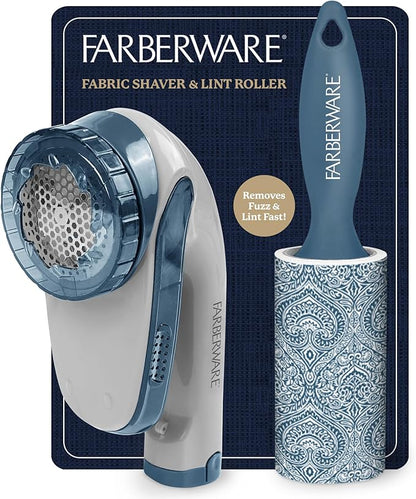 Farberware Large Lint Remover & Fabric Shaver Set – Battery Powered Sweater Shaver with Triple Blades and Extra Sticky Roller for Pet Hair, Fuzz & Pilling on Clothes & Furniture