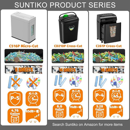 Suntiko Paper Shredder, 5-Sheet Micro Cut with 2.65 Gallons Bin, P-5 High Security Level, 5 Munites Non-Stop Working Time, Compact Design Pull Out Basket with Jam Proof System for Home Office