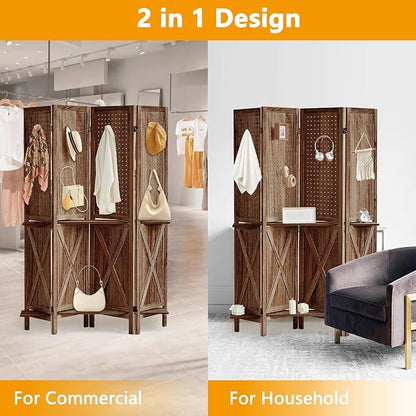 Aleesing 4 Panel Pegboard Display with 16 Hooks, Wooden Pegboard Room Divider Wall with Shelf, Partition Room Dividers and Folding Privacy Screens, Bedroom, Jewelry Store, Brown