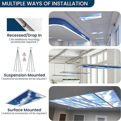4-Pack 2x4 LED Flat Panel Light, Drop Ceiling Light Fixture with Cloud Design Tunable 30W-72W, 8750 Lumens 4000K/5000K/6500K CCT, 0-10V Dimmable Skylight ETL & DLC, 120-277V 48x24 Inch LED Panel